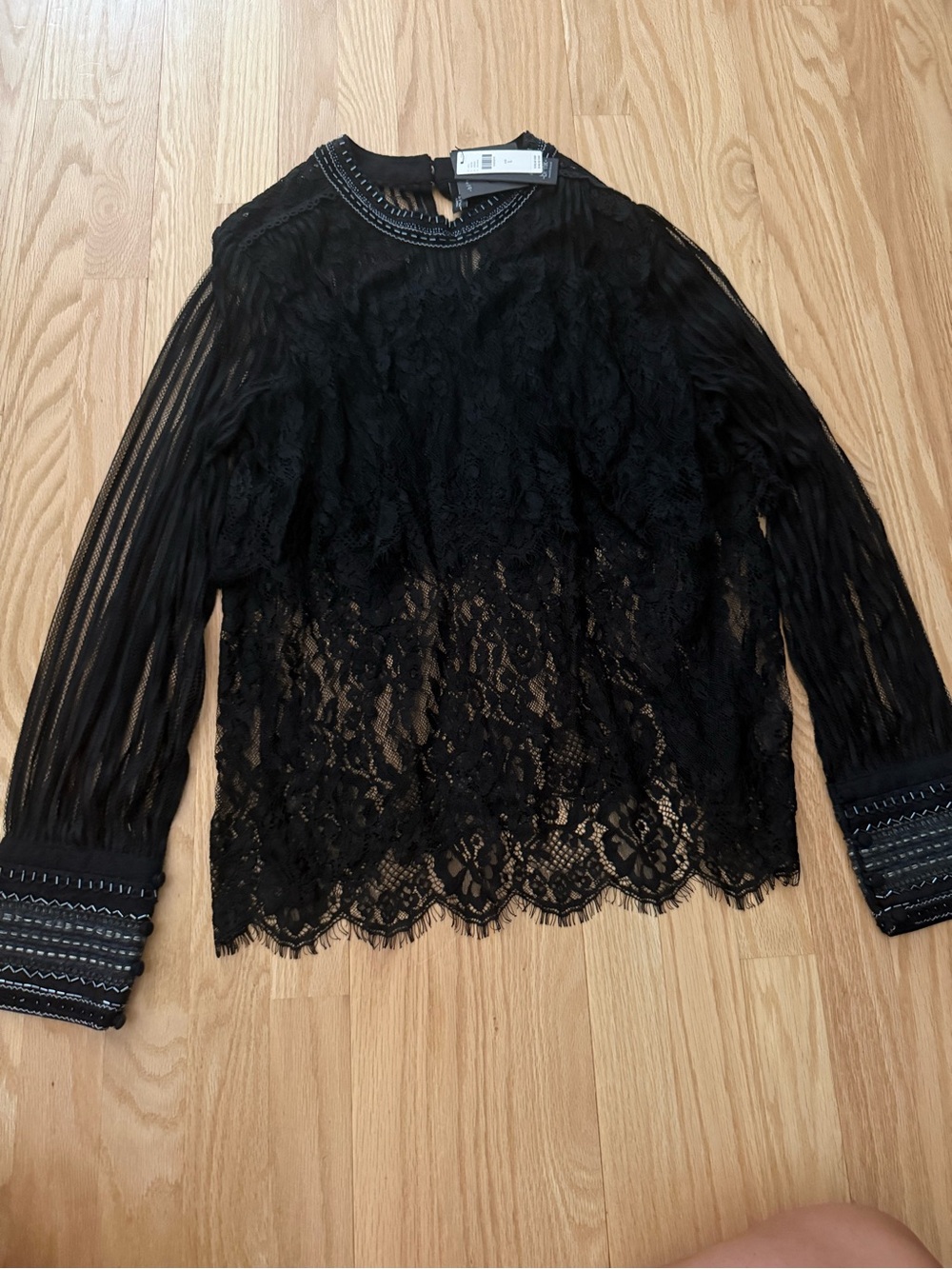 Bl^nk London by Anthropologie Black Lace Long-Sleeve with Embroidered Cuffs